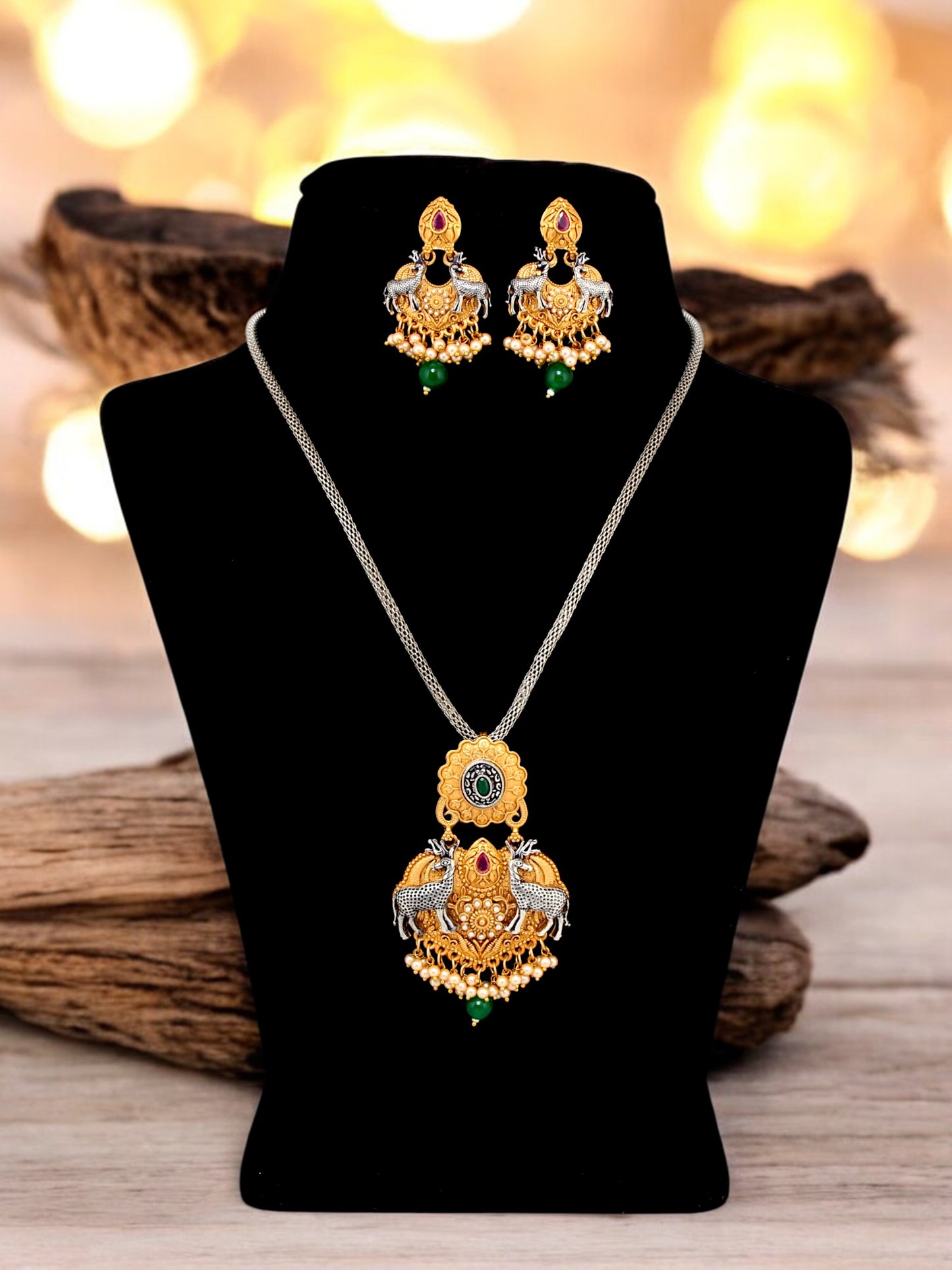 Trendy Golden Oxidised Jewelry Necklace with Earrings Gold Plated Pendant and Earring Set