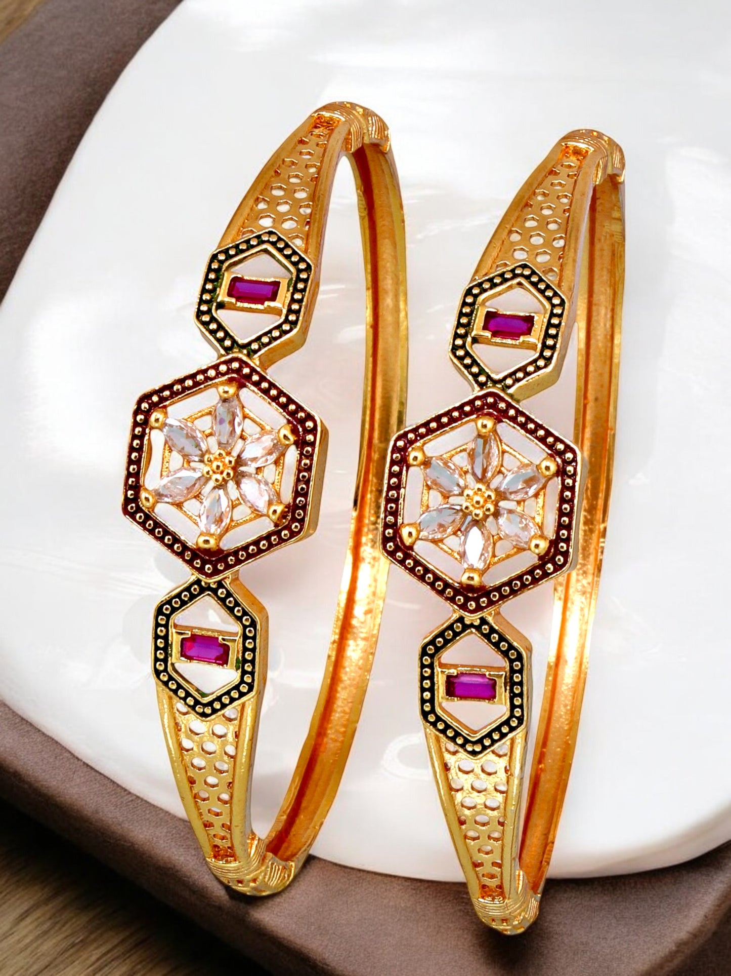 18k One Gram Gold Plated Traditional Designer Pack of 2 Bangle Set For Women