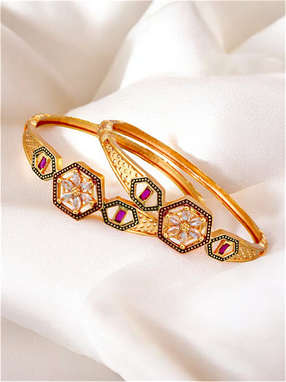 18k One Gram Gold Plated Traditional Designer Pack of 2 Bangle Set For Women