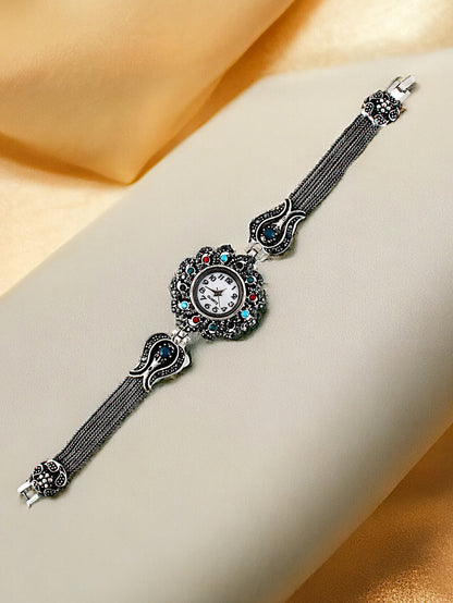 Stylish Silver Oxidised Wrist Watch Bracelet For Women & Girls