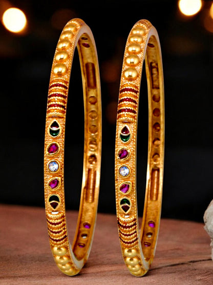 18k One Gram Gold Plated Traditional Designer Pack of 2 Bangle Set For Women