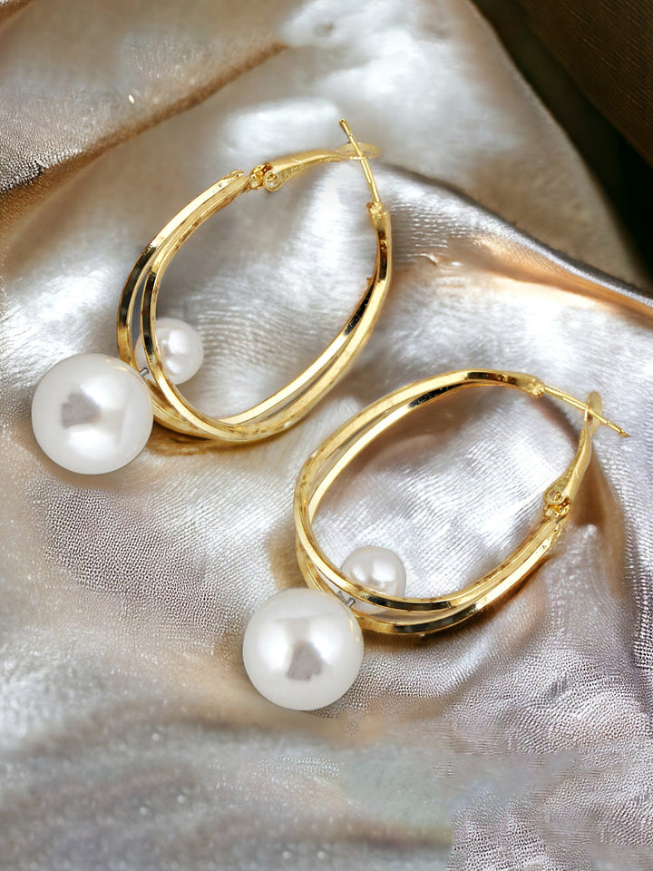 Lucky Jewellery 18k Gold Plated Pearl Dangle Hoops Earrings For Girls & Women