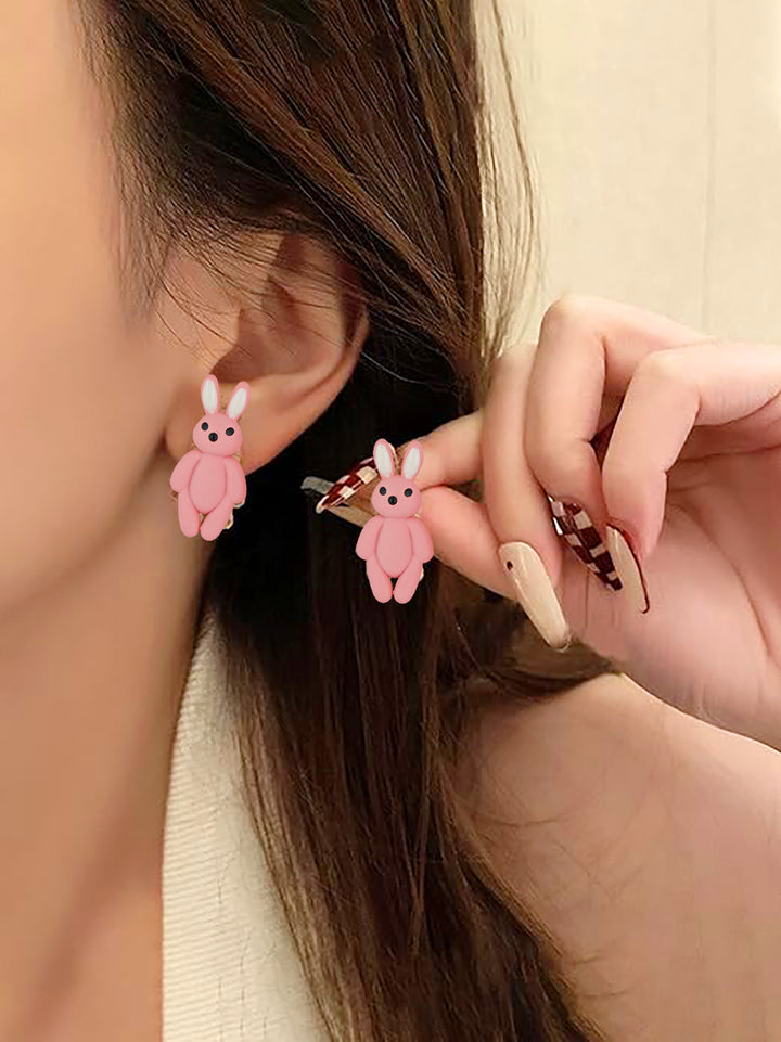 Lucky Jewellery Pink Color Rabbit Shaped Teddy Stud Earring |Cute Cartoon Earrings For Girls & Women