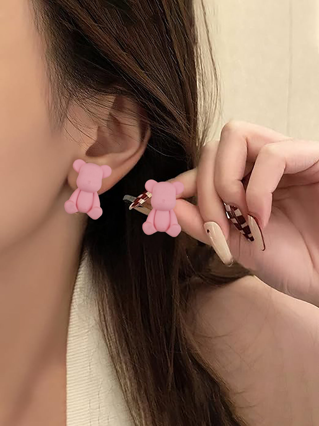 Lucky Jewellery Pink Color Teddy Bear Design Stud Earing | Cute Cartoon Earrings For Girls & Women