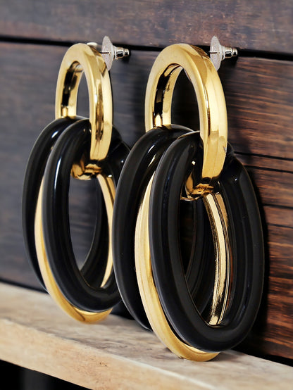 18k Gold Plated Black Color Circle Link Earring With Multiple Rings Drop Earrings For Girls & Women