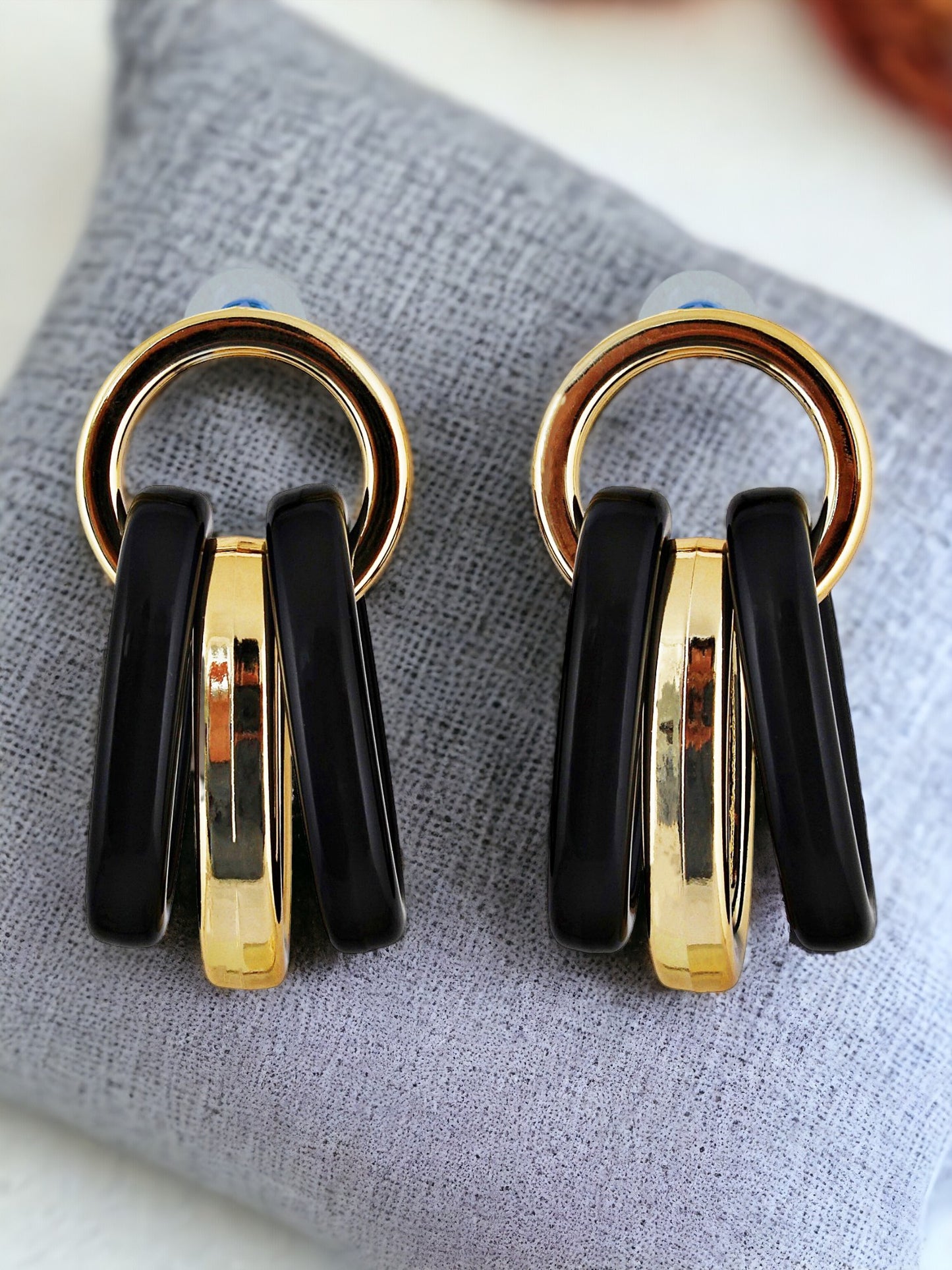 18k Gold Plated Black Color Circle Link Earring With Multiple Rings Drop Earrings For Girls & Women