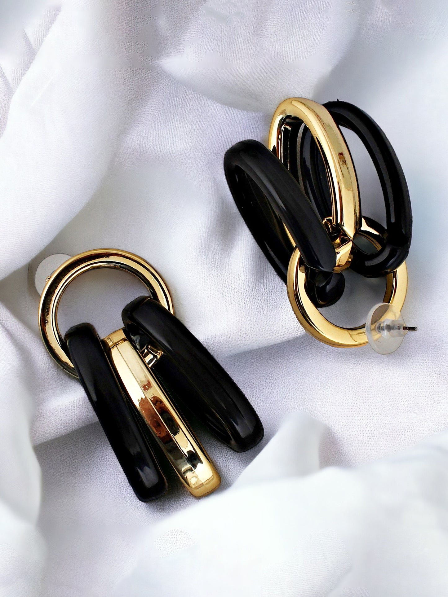 18k Gold Plated Black Color Circle Link Earring With Multiple Rings Drop Earrings For Girls & Women