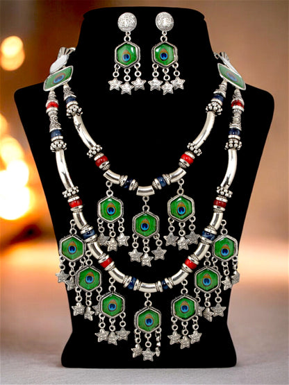 Tribal Garba Navratri Latest Dandiya Religious Jewellery Layered Necklace Set with Earrings