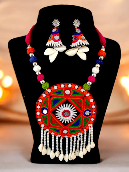 Tribal Garba Navratri Latest Dandiya Jewellery Multicolor Choker Mirror Work Necklace with Earrings