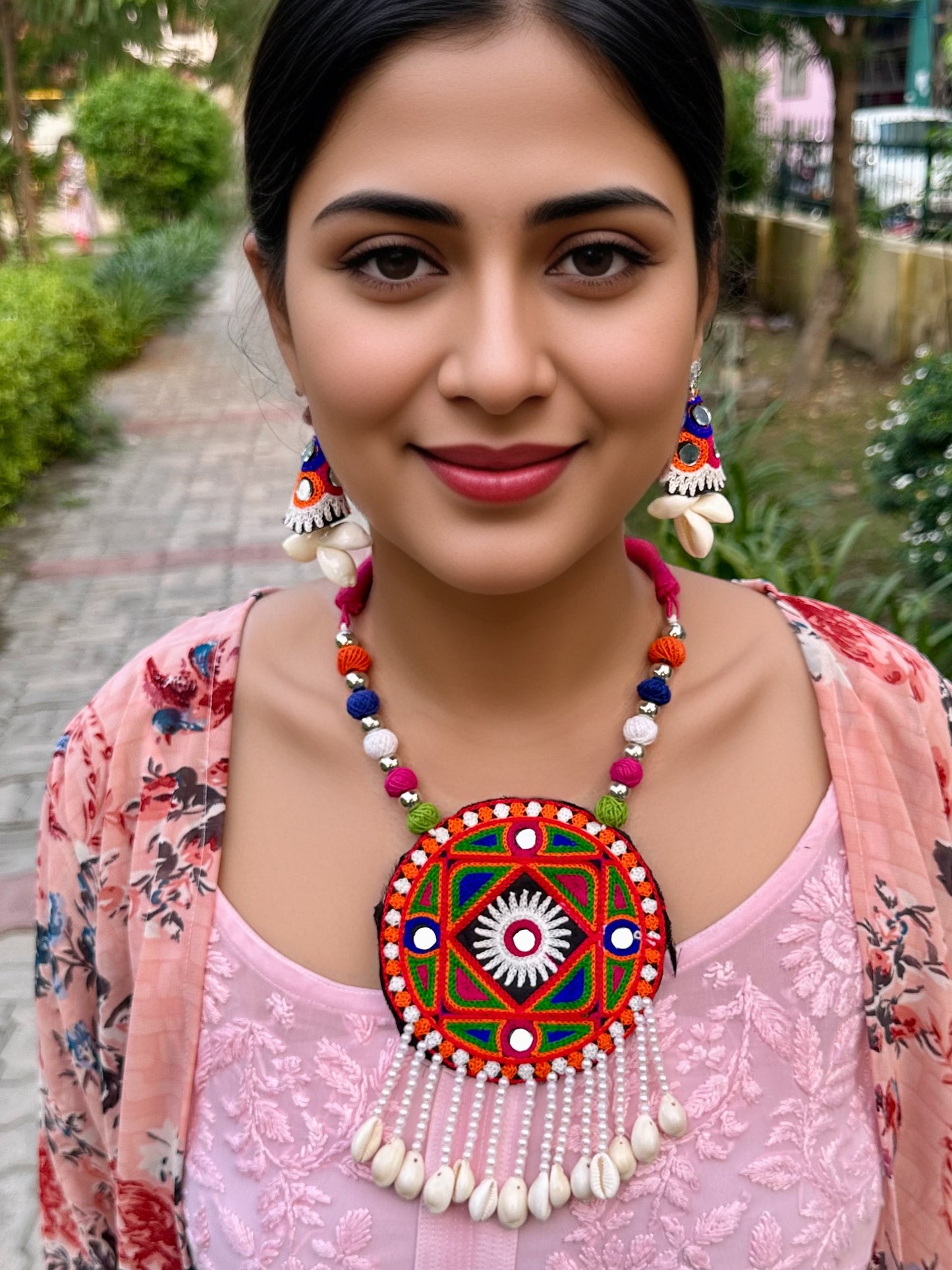 Tribal Garba Navratri Latest Dandiya Jewellery Multicolor Choker Mirror Work Necklace with Earrings