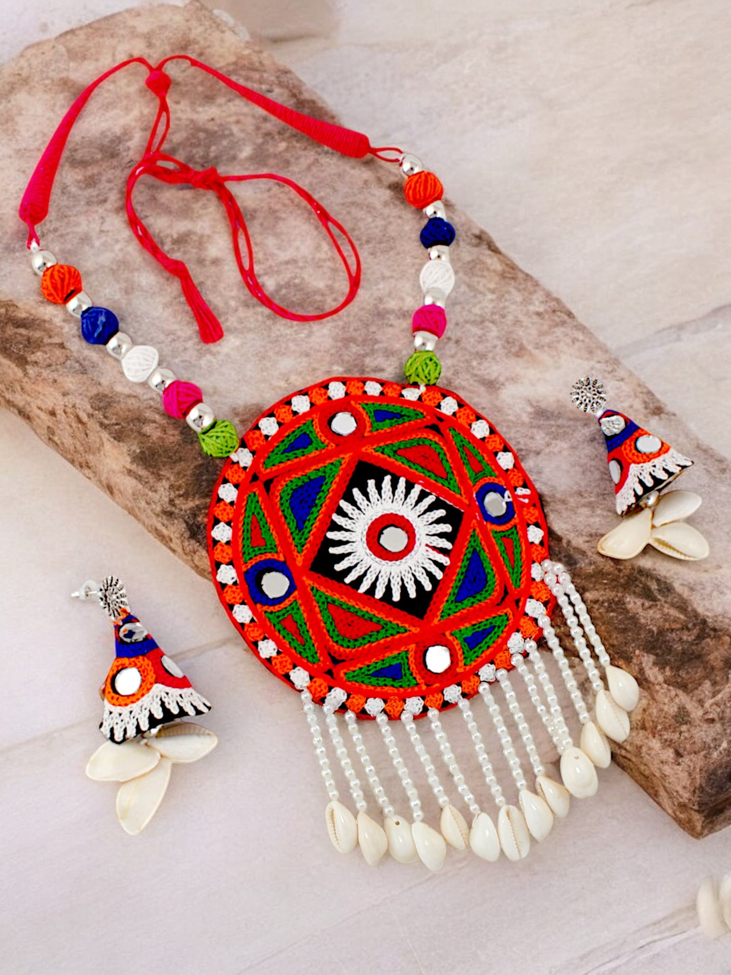 Tribal Garba Navratri Latest Dandiya Jewellery Multicolor Choker Mirror Work Necklace with Earrings