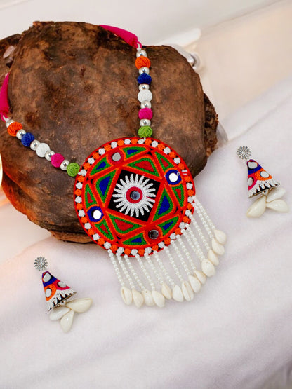 Tribal Garba Navratri Latest Dandiya Jewellery Multicolor Choker Mirror Work Necklace with Earrings