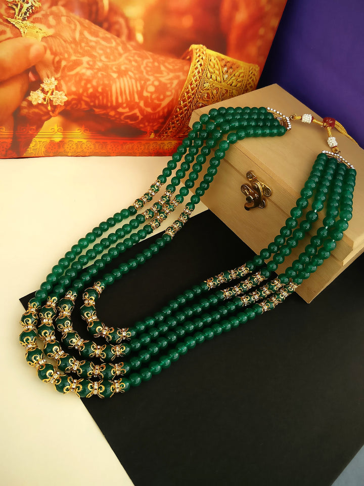 Lucky Jewellery Designer Wedding Multi Strand Green Color Dulha Har Layered Pearl Maharaja Haar Groom Necklace Set for Men (554-M6DM-1014-G)
