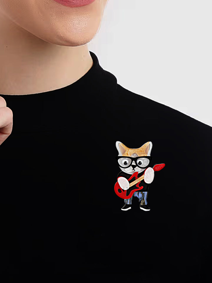 Trendy Guitar Cat With Glasses Brooch/Lapel Pin For Unisex