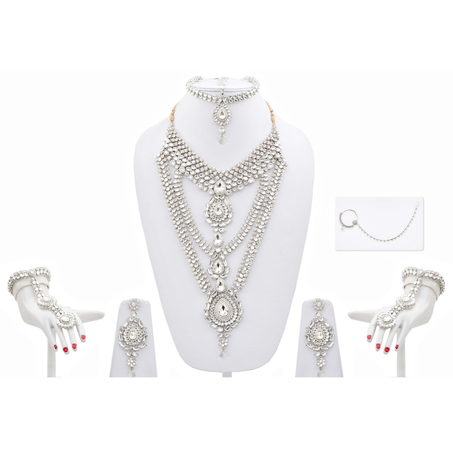 Platinum Plated Silver Polish Dulhan Bridal Jewelry Set 8 Pcs.