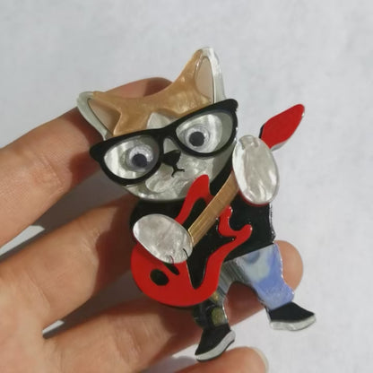 Trendy Guitar Cat With Glasses Brooch/Lapel Pin For Unisex